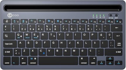 BK100 Kablosuz Bluetooth Şarj Edilebilir, Çoklu Cihaz ile Uyumlu, Telefon/Tablet Tutucu Kart Yuvası, Akıllı Uyku Modlu, 40 Saat Çalışma, 78 Tuş, Kompakt Ultra İnce QWERTY Türkçe Q Klavye Gri