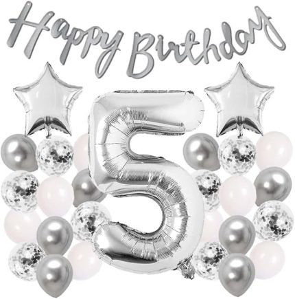 Gitti Gümüş Konsept Doğum Günü Kutlama Seti Beyaz Gümüş Konfetili Balon Rakam Yıldız Folyo ve Banner (5 Yaş)