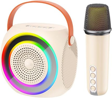 Kablosuz Bluetooth Hoparlör ve Karaoke Mikrofon F42 – 10W Güç, RGB Işıklı, TF Kart & USB Destekli, Taşınabilir Ses Sistemi-(11,2 * 7,8 * 11,3CM)-Bej