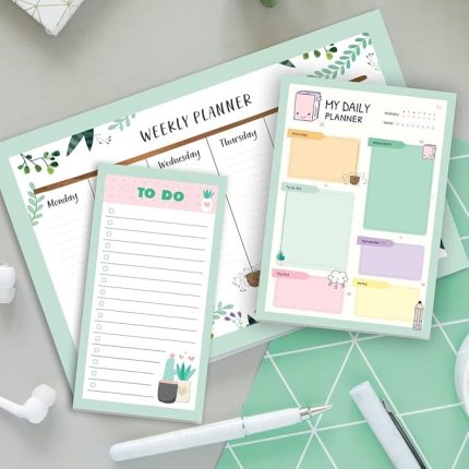 Haftalık, Günlük Planlayıcı Set - 50 Sayfa Tarihsiz Masaüstü Planner - Gençler, Kızlar, Yetişkinler için To Do List - 3 Parça - Green Serisi