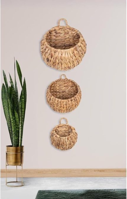 3'lü Asılabilir El Yapımı ve Doğal Yuvarlak Hasır Dekoratif Mektupluk ve Anahtarlıjk Seti, 3'lü Hasır Yuvarlak Saksı Seti, Hasır Kapı Süsü 3'lü Set