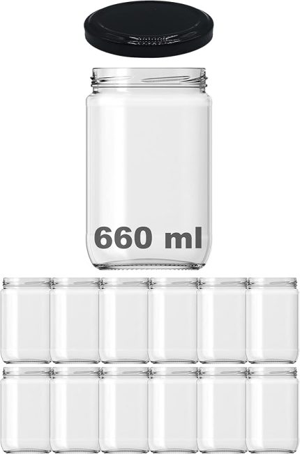 660 ml Metal Siyah Kapaklı Şeffaf Cam Kavanoz 12 Adet