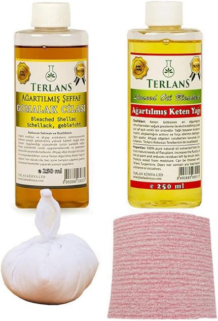 Doğal Ahşap Cila Seti Şeffaf Gomalak + Keten Yağı + Sürme Topu + Süngerli Zımpara