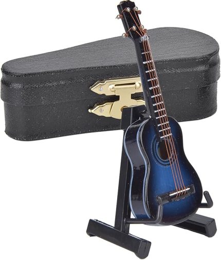Minyatür Klasik Gitar Modeli Standlı ve Kasalı Mini Müzik Aleti Çoğaltma Mini Ahşap Gitar Masaüstü Dekorasyon Süsler Enstrüman Modeli Dekorasyon(Mavi)