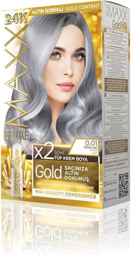 DELUXE Gold serisi 24K Altın Parçacıklı Serum ile 1 Kutu 2 x 50 ml ve Geliştiriciler Saç Boyası (FÜME GRİ 0.01)