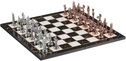 Metal Mısır Satranç Takımı Antik ve Katlanır Mermer Desenli Tahta