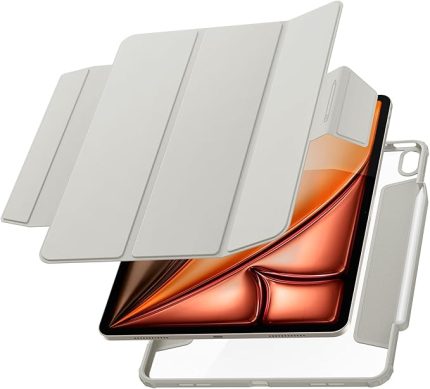 iPad Air 13" (M4 2026 / M3 2025 / M2 2024) ile Uyumlu Kılıf Air Skin Pro Manyetik Stand özellikli Sararmaya Dayanıklı Gri Kapak - ACS07677 (Spigen TR Garantili) | Şık Tasarım, Manyetik Kapak, Şeffaf Arka Taraf, Kalem Tutucu, Üç Katlı Stand (2026/25/24) - Gri