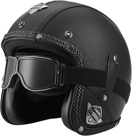 Kaskı Vintage Jet Kask 3/4 Motosiklet Kaskı Yarım Kask Vintage Deri Kask Erkek Kadın Crash Kask DOT ECE Onaylı Cruiser Chopper Scooter Kaskı(B,XL=(61~62cm))