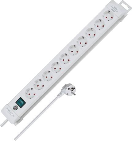 Premium-Line, 10'lu çoklu priz (anahtarlı ve 3 m kablolu priz - topraklı prizlerin 45° açısı, Alman Malı) beyaz