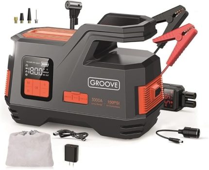 JS006 29200mAh 4500A Akü Takviye Cihazı + Lastik Şişirme Kompresörü Taşınabilir Jump Starter (Kompresör+Powerbank+Led Lamba+LCD Ekran)