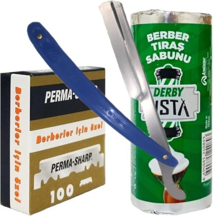 Berber Jileti 100'lü Paket, Derby Usta 75g Tıraş Sabunu, Ali Bıyıklı Ustura Seti