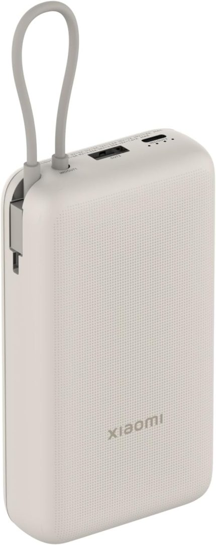 Entegre kablolu 33 W Power Bank – 20000 mAh, hızlı şarj fonksiyonu, aynı anda 3 cihazı şarj eder, uçuşa uygun, 5,5 saat içinde tamamen şarj edilebilir – şık ve pratik, bronz