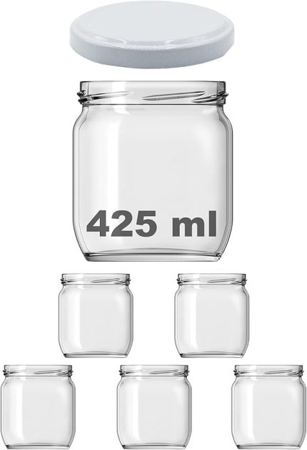 425 ml Metal Beyaz Kapaklı Şeffaf Cam Kavanoz 5 Adet