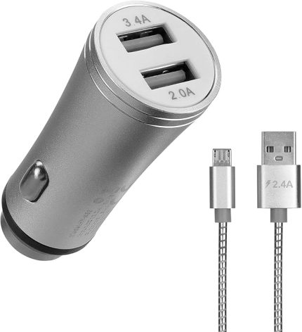 HY-X62 3.4A Hızlı Şarj Micro USB Kablolu 2 USB Metal Araç Şarj Cihazı, Gümüş