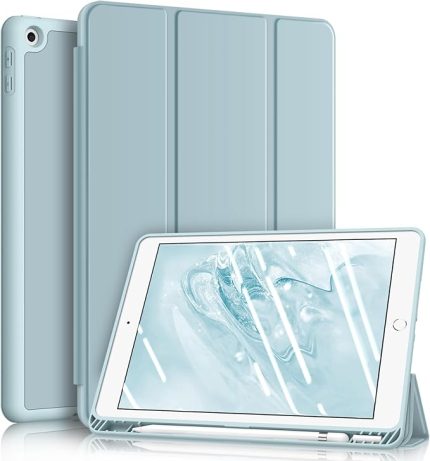 iPad 9. nesil 2021/8 için kılıf. Gen 2020/7. Nesil 2019 10,2 inç - Süper hafif yumuşak TPU Arka Kapak Koruyucu Kılıf Entegre Kalem Tutuculu, Otomatik Uyku / Uyanma, Buz Mavisi