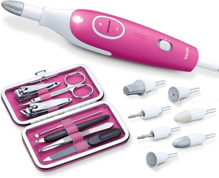 MP 44 manikür/pedikür seti, 7 başlıklı elektrikli tırnak bakım seti, LED ışık, manuel tırnak seti dahil, saklama çantalı, pembe/pembe