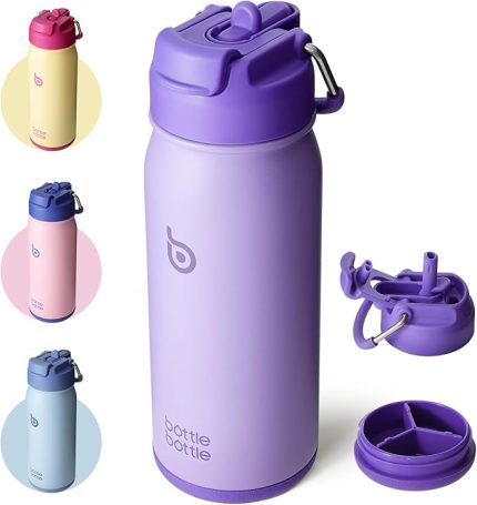 BOTTLE Paslanmaz Çelik Çocuk Su Şişesi 16 oz (470 ml) Yalıtımlı Spor Su Şişesi Hasır ve Hap Tutucu Hediyeler ve Okul için (Mor)