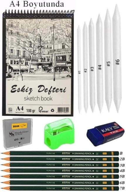 A4 Eskiz Defteri Spralli 50 Yaprak Karakalem Çizim Seti Gölgelendirme Kalemi Hamur Silgi Fatih Dereceli Kalem Hobi Tasarım Seti