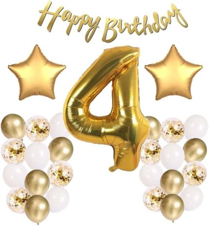 Gitti Gold Konsept Doğum Günü Kutlama Seti; Beyaz Gold Konfetili Balon, Rakam Yıldız Folyo ve Banner (4 Yaş)