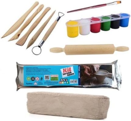 Kil Hamuru Set-4, Seramik Hamuru Başlangıç Seti, Ahşap Ebeşuar, Merdane, 1 Kg Kil, Boya, Fırça