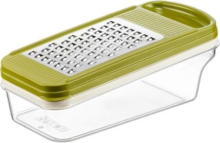 Home 3 Bıçaklı Yatay Rende, Rondo Rondoğrayıcı, Saklama Kabı Hazneli Kapaklı Plastik Rende, Çok Fonksiyonlu Mutfak Aleti, Sebze ve Meyveler için Etkili Doğrama ve Rendeleme