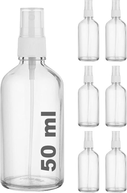 50 ml Beyaz Spreyli Şeffaf Cam Şişe 50 cc Sızdırmaz Kapaklı Fısfıs Beyaz Cam Şişe 6 Adet