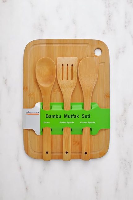 Golden Bambu Serisi Oluklu Antibakteriel Yıkanabilir Bambu 36x26 cm Doğrama Tahtası, Kaşık ve Spatula, Tahta Kevgir, 4'lü Set