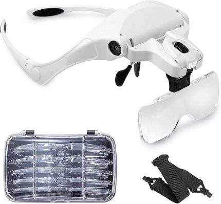 bandı büyüteç gözlüğü, LED ışıklı, eller serbest arama, kuyumcu, saatçi hobi, 5 lens, 1.0X 1.5X 2.0X 2.5X 3.5X (tekrar kullanılabilir)