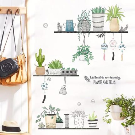 XL Duvar Çıkartması Bitki Rafı I Duvar Resimleri: 106 x 89 cm I Duvar Çıkartması Mutfak Saksı Çim Yaprakları Yeşil Rüzgar Zili I Oturma Odası ve Yatak Odası için Duvar Dekorasyonu Banyo Koridor Mobilyası Büyük