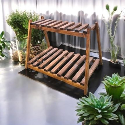 KATLI AHŞAP ÇİÇEKLİK SAKSILIK 2 RAFLI MASİF KOYU NATUREL