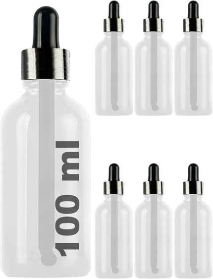 100 ml Metal Kapaklı Damlalık Dropper Şişesi Serum 100 cc Cam Şişe 6 Adet (Siyah Kapak, Şeffaf)