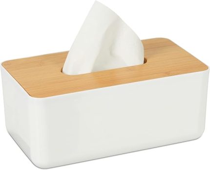 Bambu kapaklı bez kutusu, banyo için, modern tasarım, plastik, Y x G x D: 10 x 23 x 13 cm, beyaz/doğal