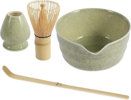 Matcha Set 4 parçalı: Matcha kase, dökme ağzı, bambu süpürge (Chasen), ölçü kaşığı ve Chase tutucu, geleneksel çay seremonisi için Matcha çay seti, tozsuz Matcha seti, Matcha süpürge seti