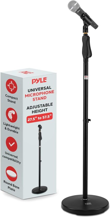 Evrensel Mikrofon Standı - M-6 Mikrofon Montaj Tutacağı ve Yüksekliği 27,5 "ila 57" inç arasında ayarlanabilir Yükseklik, Kompakt Yuvarlak Taban Plakası - Hızlı Ayar Kilit Sıkı Düğme Hafif ve