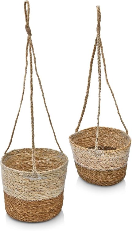 2'li Asılabilir El Yapımı ve Doğal Çift Renk Yuvarlak Hasır Saksılık Seti, 2'li İpli Asılabilir Hasır Yuvarlak Saksı Seti (23cm*18cm-20cm*15cm)