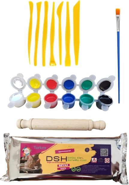 Doğal Seramik Hamuru Seramik Hamuru Başlangıç Seti 4-6'lı Boya Seti, 5li Ebeşuar, Merdane, Fırça, 1000gr Doğal Kil Beyaz