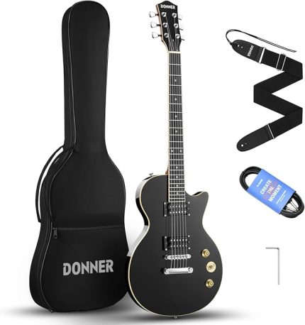 LP Elektro Gitar Kiti Tam Boy Gitar Başlangıç Seti 90 cm (39 İnç) Tek Parça Gövde, Çanta, Askı, Tel (LP Stili, Siyah)