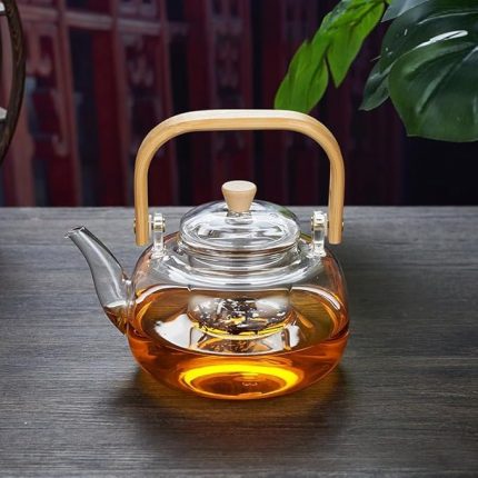 Bambu Saplı Isıya Dayanıklı Borosilikat Cam Süzgeçli Demlik 1000ml, Isıya Dayanıklı Cam Bitki Çayı Demliği 1000ml