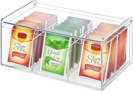 6 Bölmeli Plastik Çay Kutusu – Şeffaf Kapaklı, Gıda Dostu, Düzenleyici Kutu, Baharat/Çerez/Şeker Saklama Kabı – Mutfak Organizeri