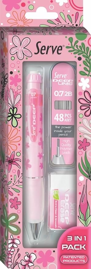 Doğa Desenli Deep Kalem, Deep Silgi ve Deep Min, 0.7 mm, Şeker Pembe