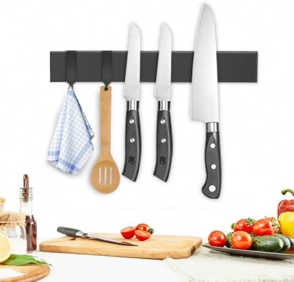 25 cm manyetik şerit bıçak, 2 kancalı, siyah bıçak tutucu, delmeden manyetik, güçlü mıknatıslı bıçak tutucu, yapışkan bant ve vidalar dahil, bıçak, gereçler ve aletler için