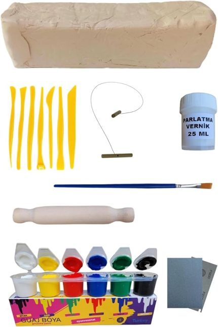 Doğal Seramik Hamuru Seramik Hamuru 4000 Gr, 7li Plastik Ebeşuar (modelaj Seti), Kesme Teli-ipi, Guaj, Doğal Kil Çamuru karışık