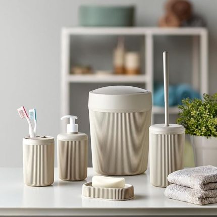 Banyo Seti, Çöp Kovası, Sıvı Sabunluk, Diş Fırçalık, Sabunluk ve Tuvalet Fırçası, 5 Parça (Krem)