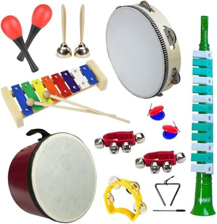 Örf Aletleri Seti Median Paket-2 Maracas Zil Kastanyet Üçgen Ritim Ksilofon Davul Tef (11 Parça)