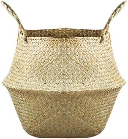 Bitki saksısı, çamaşır sepeti, katlanabilir deniz otu çiçek sepeti, el dokuması çiçekler, saman sepet, bitki saksısı için, kulplu (L)