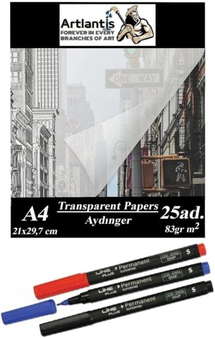 Kağıdı A4 83 gr 25'li 1 Paket Eskiz Kağıdı Lineplus Asetat Kalemi S 0.3 Siyah Kırmızı Mavi