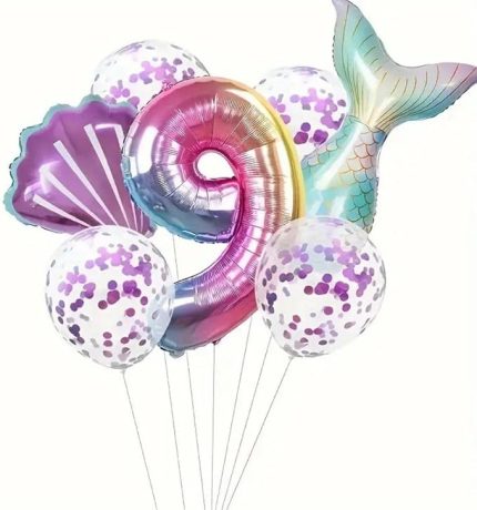 Kızı Kuyruğu Mor Konfetili 9 Yaş Folyo Balon Set
