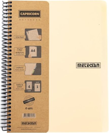 Capricorn Ofis Serisi, A4, 4 Konulu (3 Kareli, 1 Çizgili) 120 Yaprak PP Kapaklı Spiralli Defter, Bej