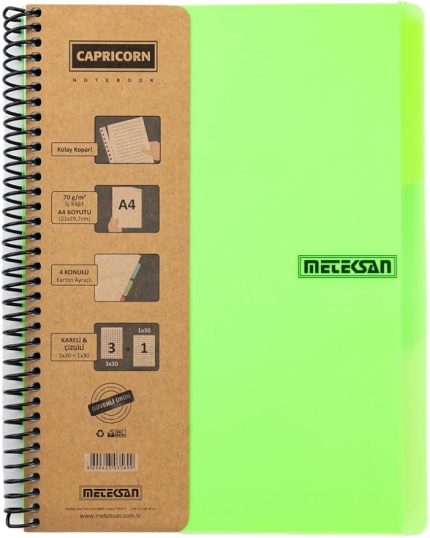 Capricorn Neon Serisi, A4, 6 Konulu (3 Kareli, 3 Çizgili) 180 Yaprak PP Kapaklı Spiralli Defter, Yeşil