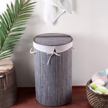 El Yapımı Hasır Katlanır Çamaşır Sepeti Yuvarlak 55 Litre (35cm*35cm*61cm), Doğal Malzemeden Üretilmiş Çamaşırlık (GRİ)